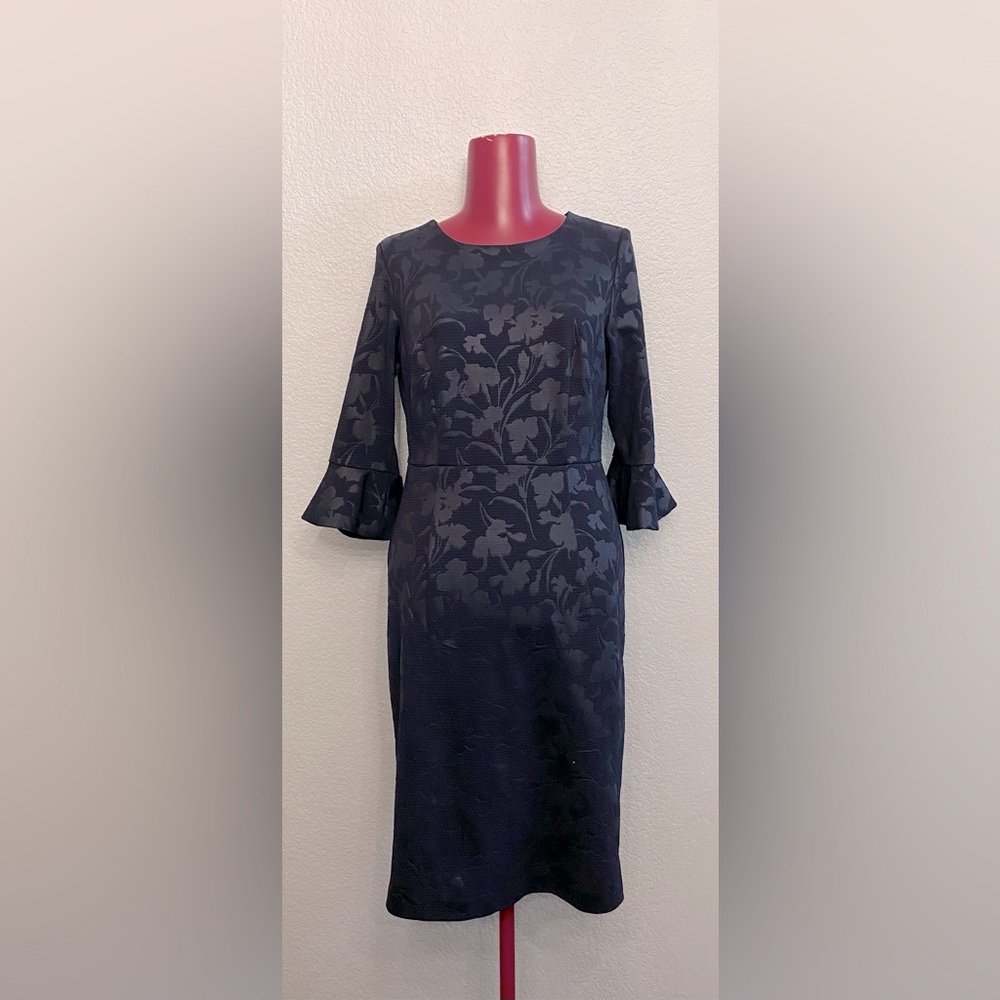 Shelby & Palmer Black and Blue Sheath Dress with Bell Sleeves